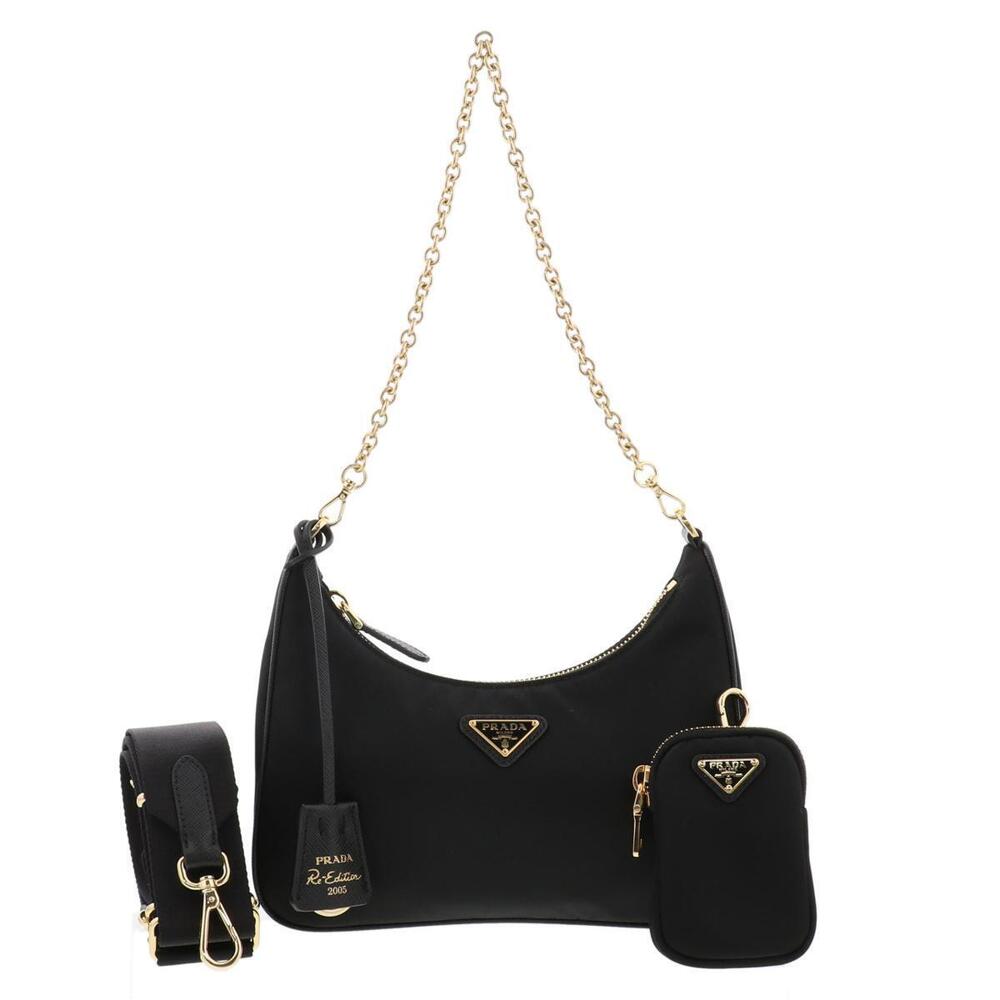 PRADA Edition Shoulder Bag Chain Tessuto Leather Clutch Black